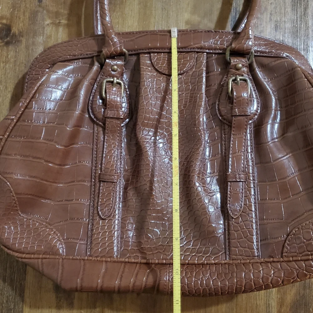Women's Worthington Belted Satchel Handbag Purse Bag - Faux Croc Cognac Brown